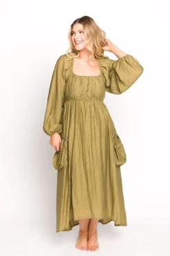Fashion Worth Collective Ariana Long Sleeved Maxi Dress with Slouchy Pocket in Olive