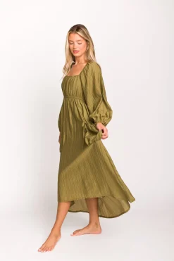 Fashion Worth Collective Ariana Long Sleeved Maxi Dress with Slouchy Pocket in Olive