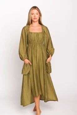 Fashion Worth Collective Ariana Long Sleeved Maxi Dress with Slouchy Pocket in Olive
