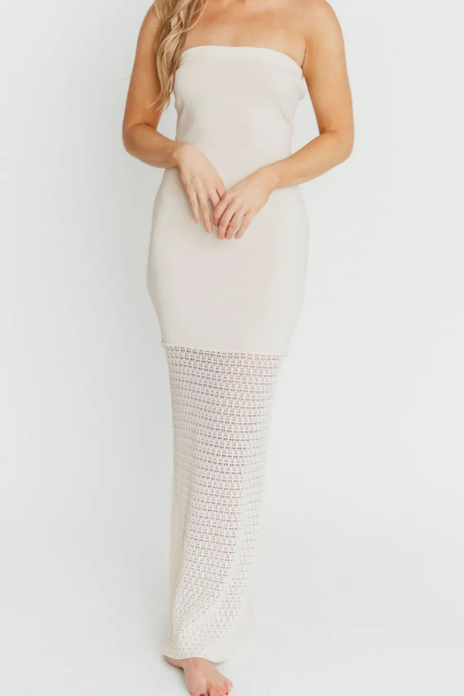 Hot Worth Collective Arya Crochet Bottom Midi Dress in Cream