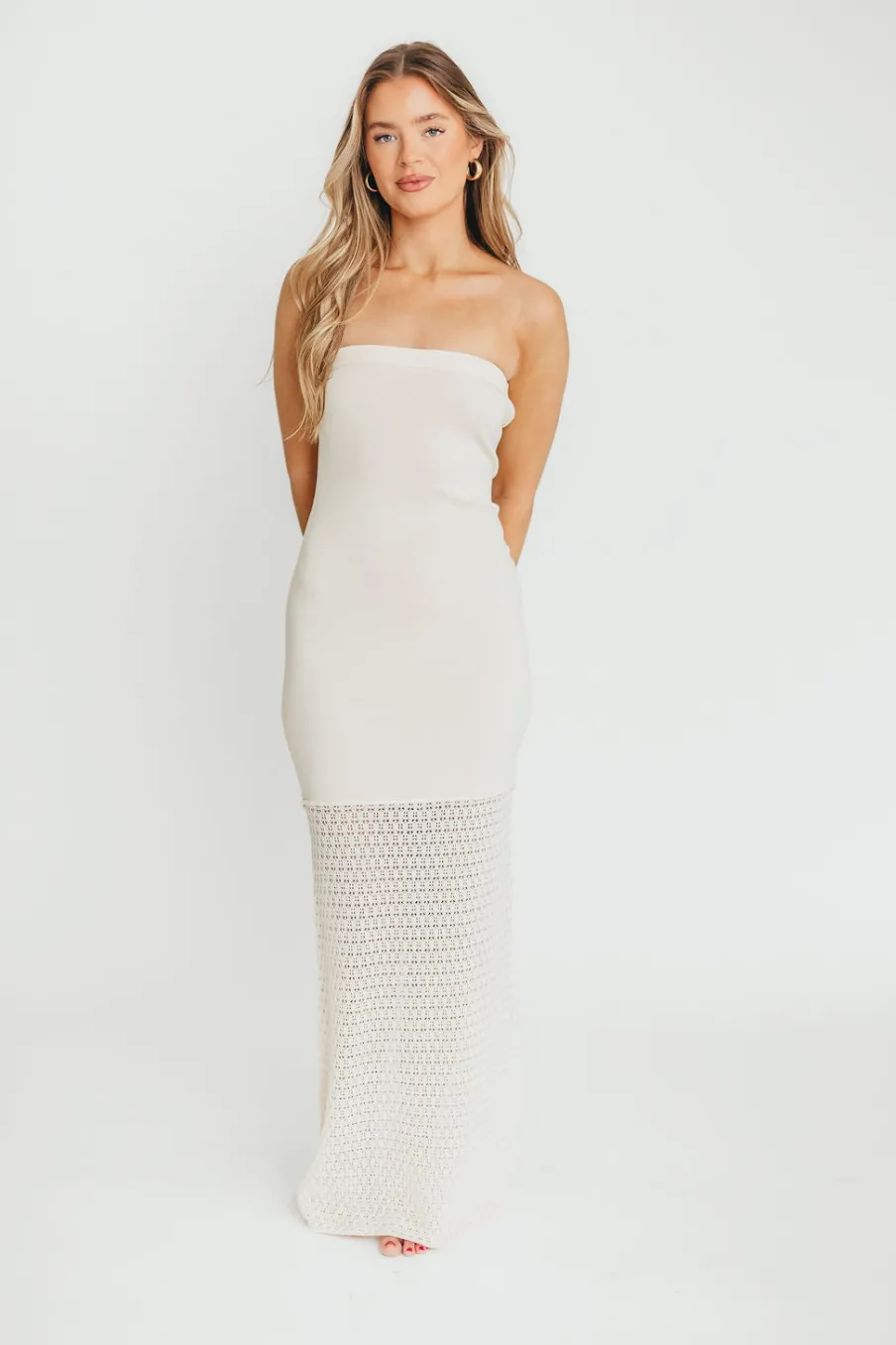 Hot Worth Collective Arya Crochet Bottom Midi Dress in Cream