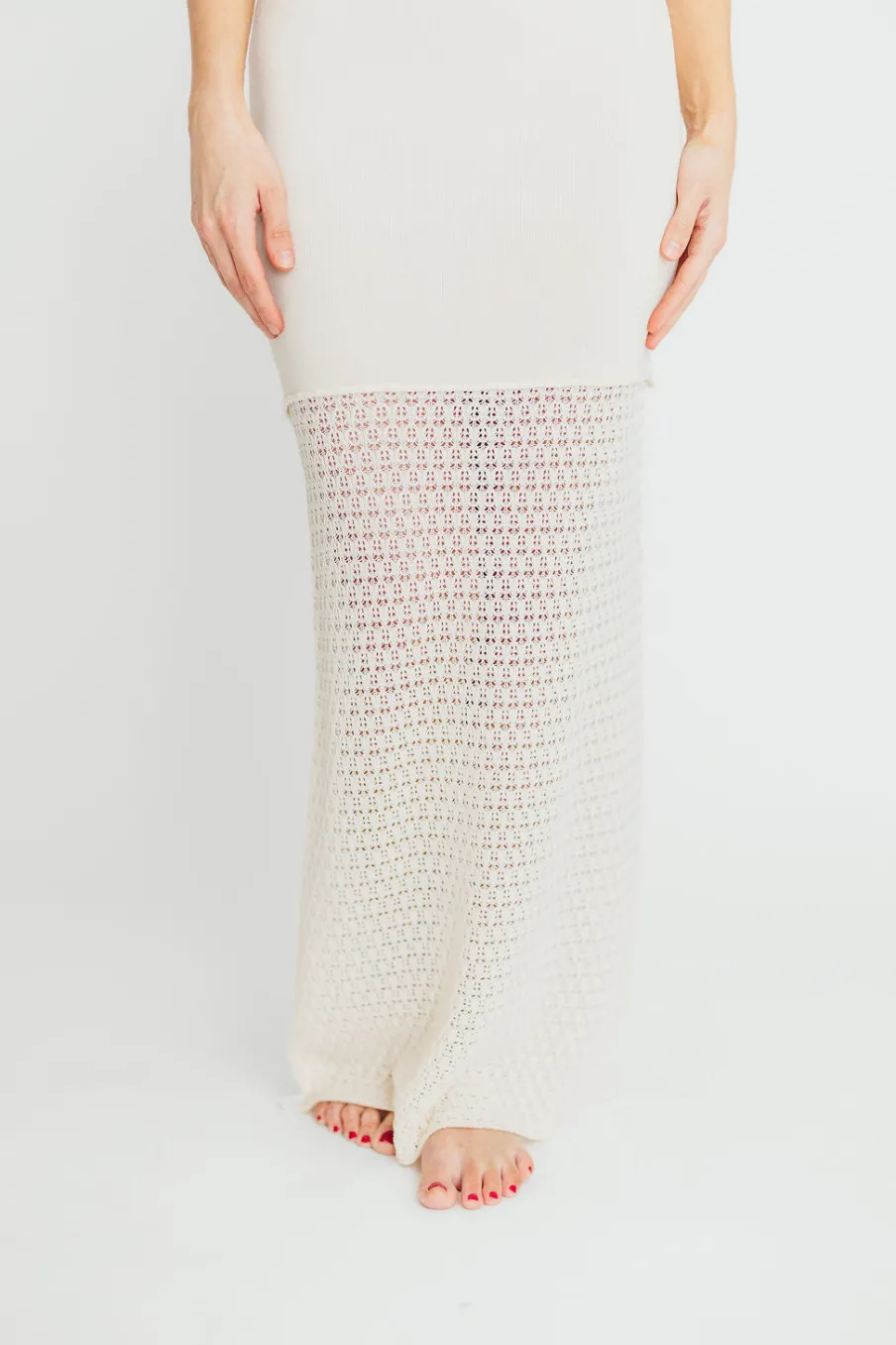 Hot Worth Collective Arya Crochet Bottom Midi Dress in Cream