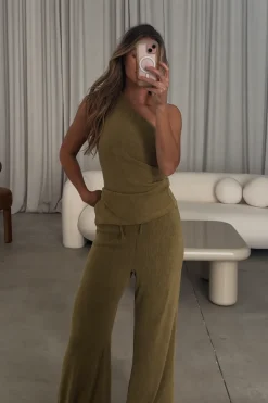 Sale Worth Collective Ashley Asymmetrical One Shoulder Top and Pants Set in Olive