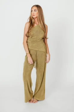 Sale Worth Collective Ashley Asymmetrical One Shoulder Top and Pants Set in Olive