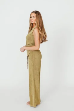Sale Worth Collective Ashley Asymmetrical One Shoulder Top and Pants Set in Olive