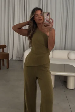 Sale Worth Collective Ashley Asymmetrical One Shoulder Top and Pants Set in Olive