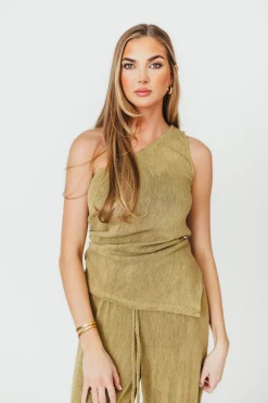 Sale Worth Collective Ashley Asymmetrical One Shoulder Top and Pants Set in Olive
