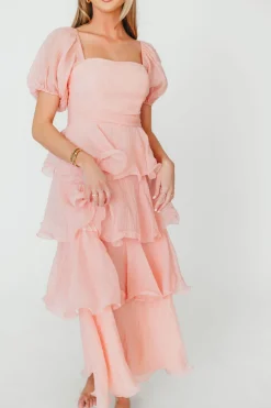 Best Worth Collective Ashlyn Tiered Ruffle Midi Dress in Baby Pink