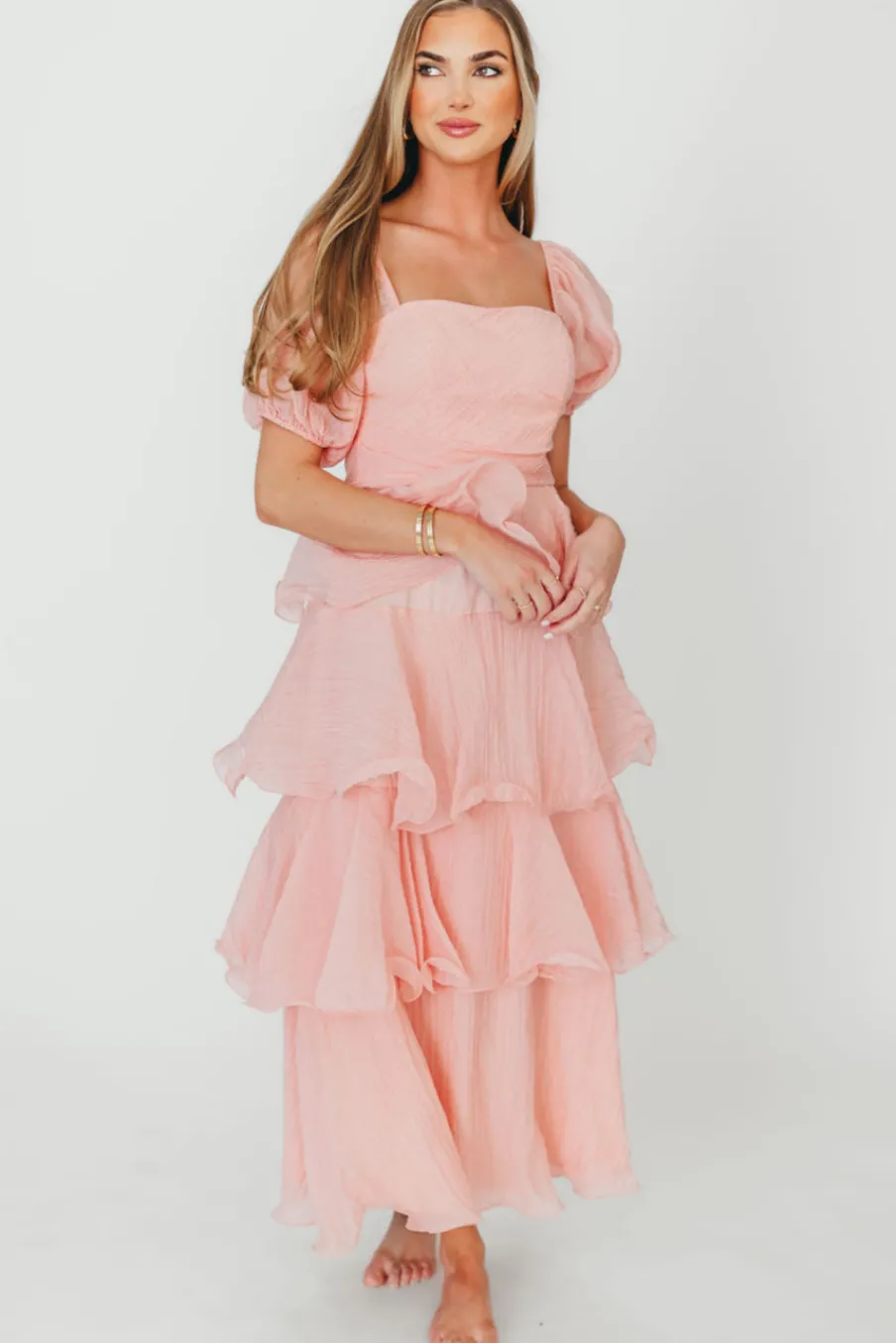 Best Worth Collective Ashlyn Tiered Ruffle Midi Dress in Baby Pink