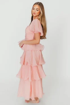 Best Worth Collective Ashlyn Tiered Ruffle Midi Dress in Baby Pink
