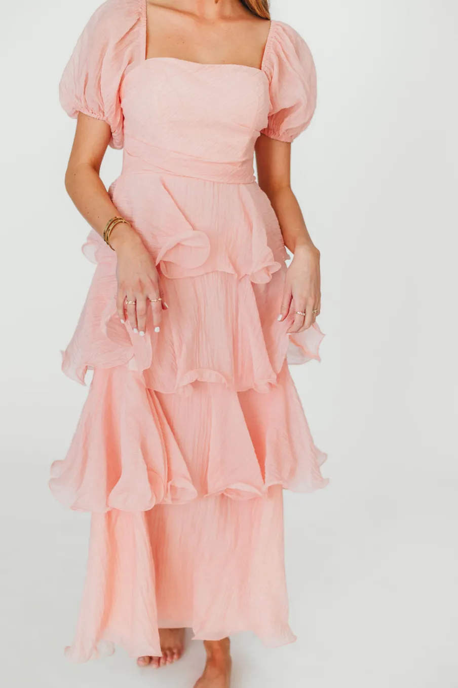 Best Worth Collective Ashlyn Tiered Ruffle Midi Dress in Baby Pink