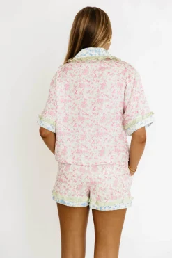 Best Worth Collective Aster Floral Satin Printed PJ Set in Pink/Light Blue