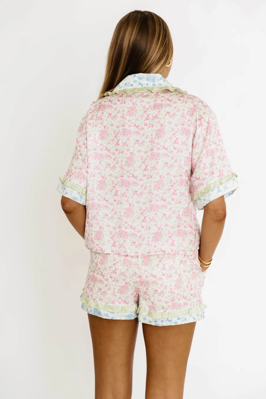 Best Worth Collective Aster Floral Satin Printed PJ Set in Pink/Light Blue