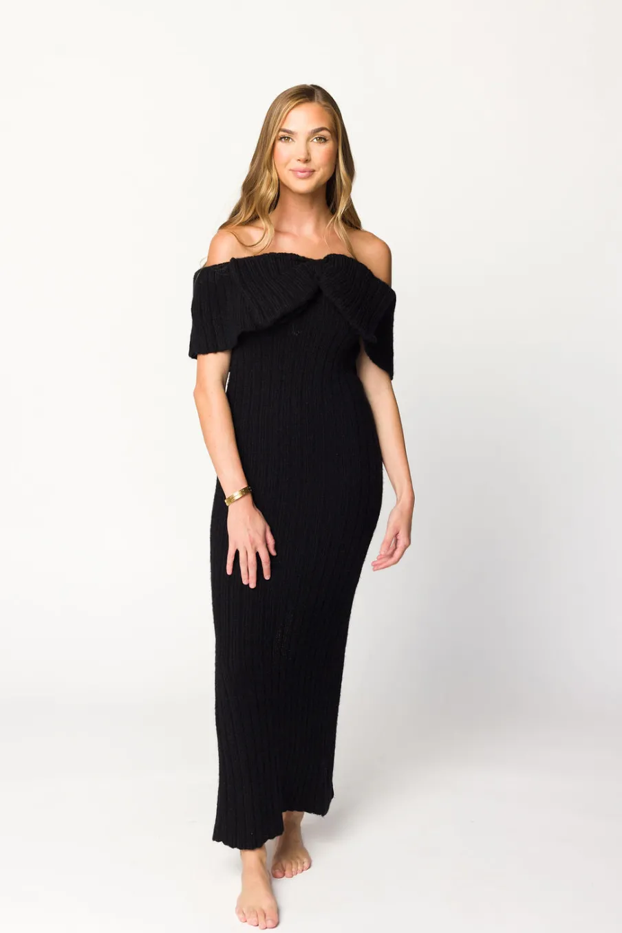 Sale Worth Collective Aston Bow Front Maxi Sweater Dress in Black - Bump Friendly