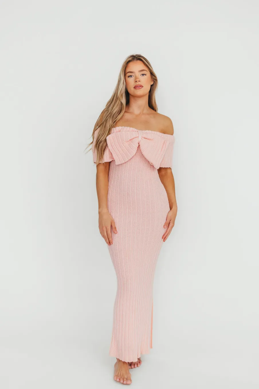 Fashion Worth Collective Aston Bow Front Maxi Sweater Dress in Pinkish Petal– Bump Friendly & I