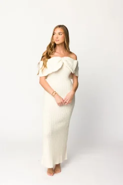 Hot Worth Collective Aston Bow Front Maxi Sweater Dress in Ivory– Bump Friendly & Inclusive