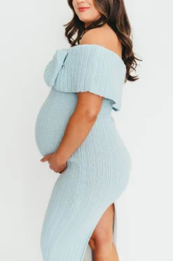 Discount Worth Collective Aston Bow Front Maxi Sweater Dress in Ice Metal – Bump Friendly & Incl