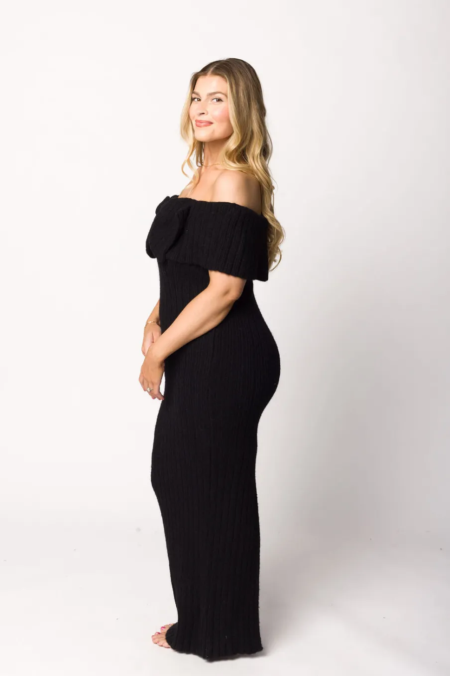 Sale Worth Collective Aston Bow Front Maxi Sweater Dress in Black - Bump Friendly