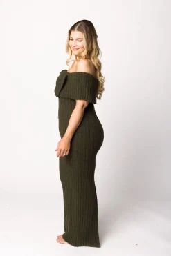 Outlet Worth Collective Aston Bow Front Maxi Sweater Dress in Dark Green - Bump Friendly