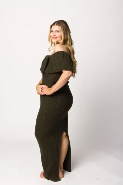 Outlet Worth Collective Aston Bow Front Maxi Sweater Dress in Dark Green - Bump Friendly