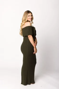 Outlet Worth Collective Aston Bow Front Maxi Sweater Dress in Dark Green - Bump Friendly