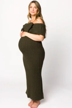 Outlet Worth Collective Aston Bow Front Maxi Sweater Dress in Dark Green - Bump Friendly