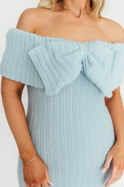 Discount Worth Collective Aston Bow Front Maxi Sweater Dress in Ice Metal – Bump Friendly & Incl