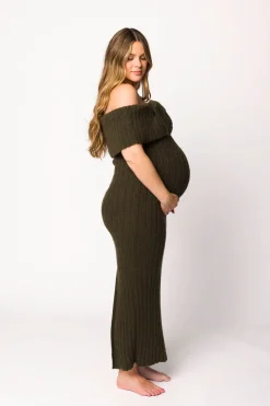 Outlet Worth Collective Aston Bow Front Maxi Sweater Dress in Dark Green - Bump Friendly
