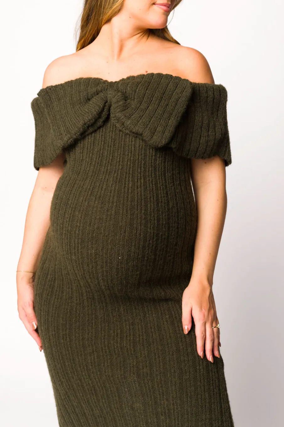 Outlet Worth Collective Aston Bow Front Maxi Sweater Dress in Dark Green - Bump Friendly
