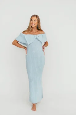 Discount Worth Collective Aston Bow Front Maxi Sweater Dress in Ice Metal – Bump Friendly & Incl