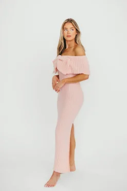 Fashion Worth Collective Aston Bow Front Maxi Sweater Dress in Pinkish Petal– Bump Friendly & I