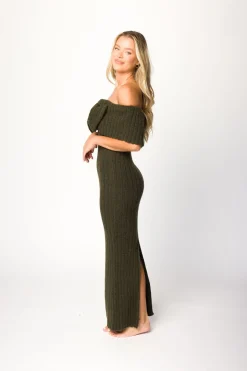Outlet Worth Collective Aston Bow Front Maxi Sweater Dress in Dark Green - Bump Friendly