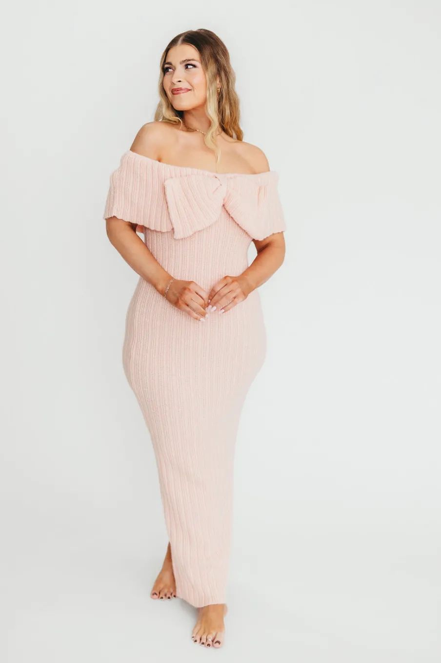 Fashion Worth Collective Aston Bow Front Maxi Sweater Dress in Pinkish Petal– Bump Friendly & I