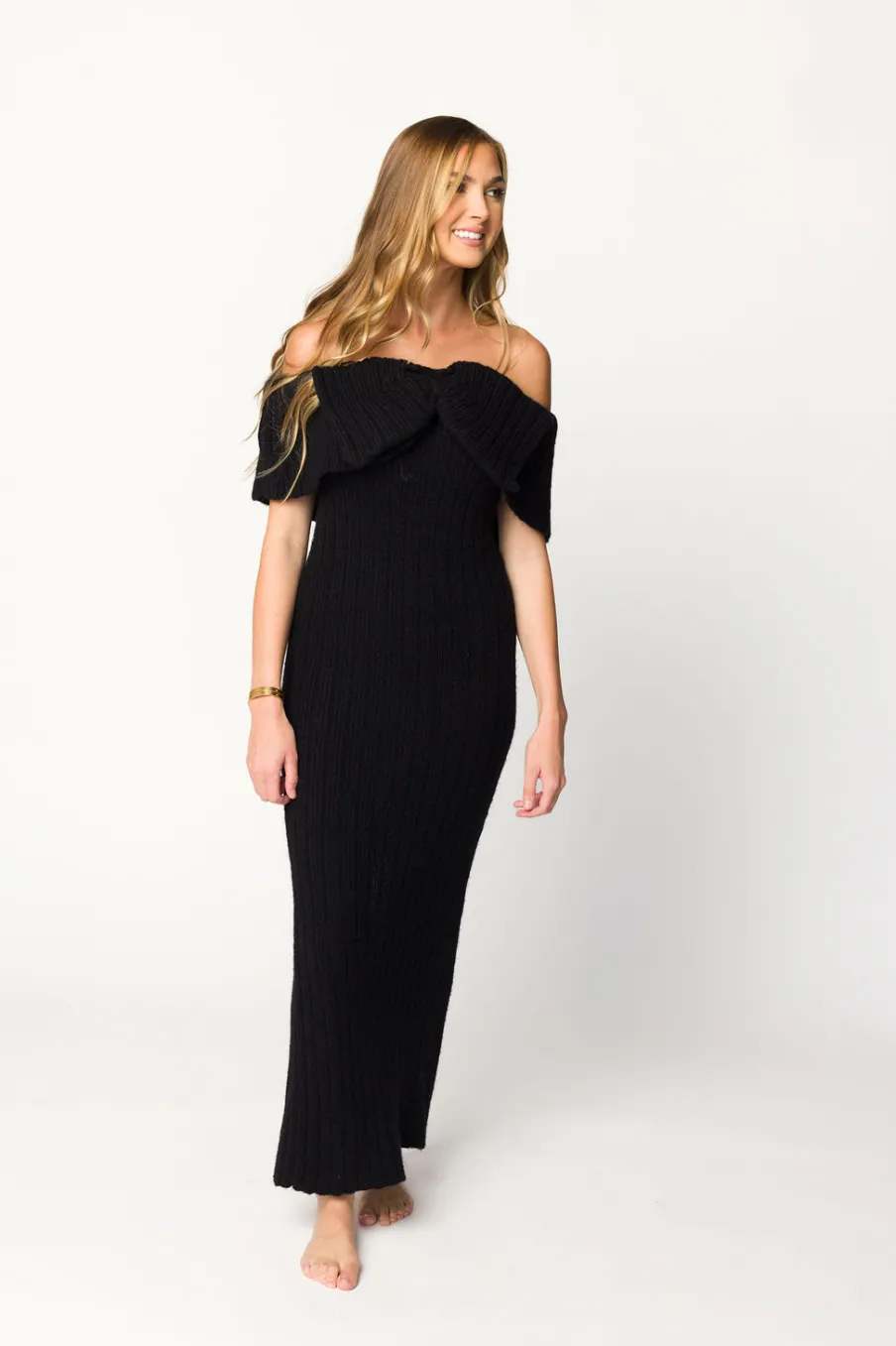 Sale Worth Collective Aston Bow Front Maxi Sweater Dress in Black - Bump Friendly