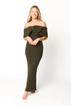 Outlet Worth Collective Aston Bow Front Maxi Sweater Dress in Dark Green - Bump Friendly