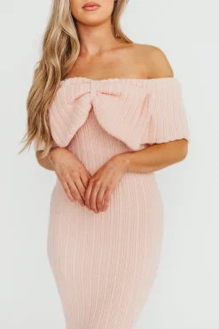 Fashion Worth Collective Aston Bow Front Maxi Sweater Dress in Pinkish Petal– Bump Friendly & I