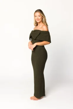Outlet Worth Collective Aston Bow Front Maxi Sweater Dress in Dark Green - Bump Friendly