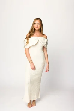 Hot Worth Collective Aston Bow Front Maxi Sweater Dress in Ivory– Bump Friendly & Inclusive