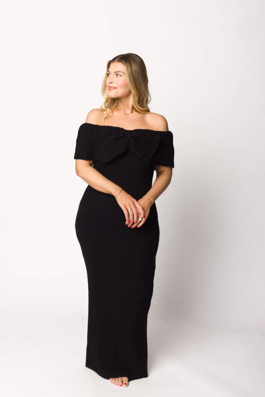 Sale Worth Collective Aston Bow Front Maxi Sweater Dress in Black - Bump Friendly