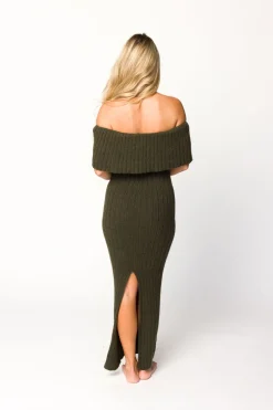 Outlet Worth Collective Aston Bow Front Maxi Sweater Dress in Dark Green - Bump Friendly