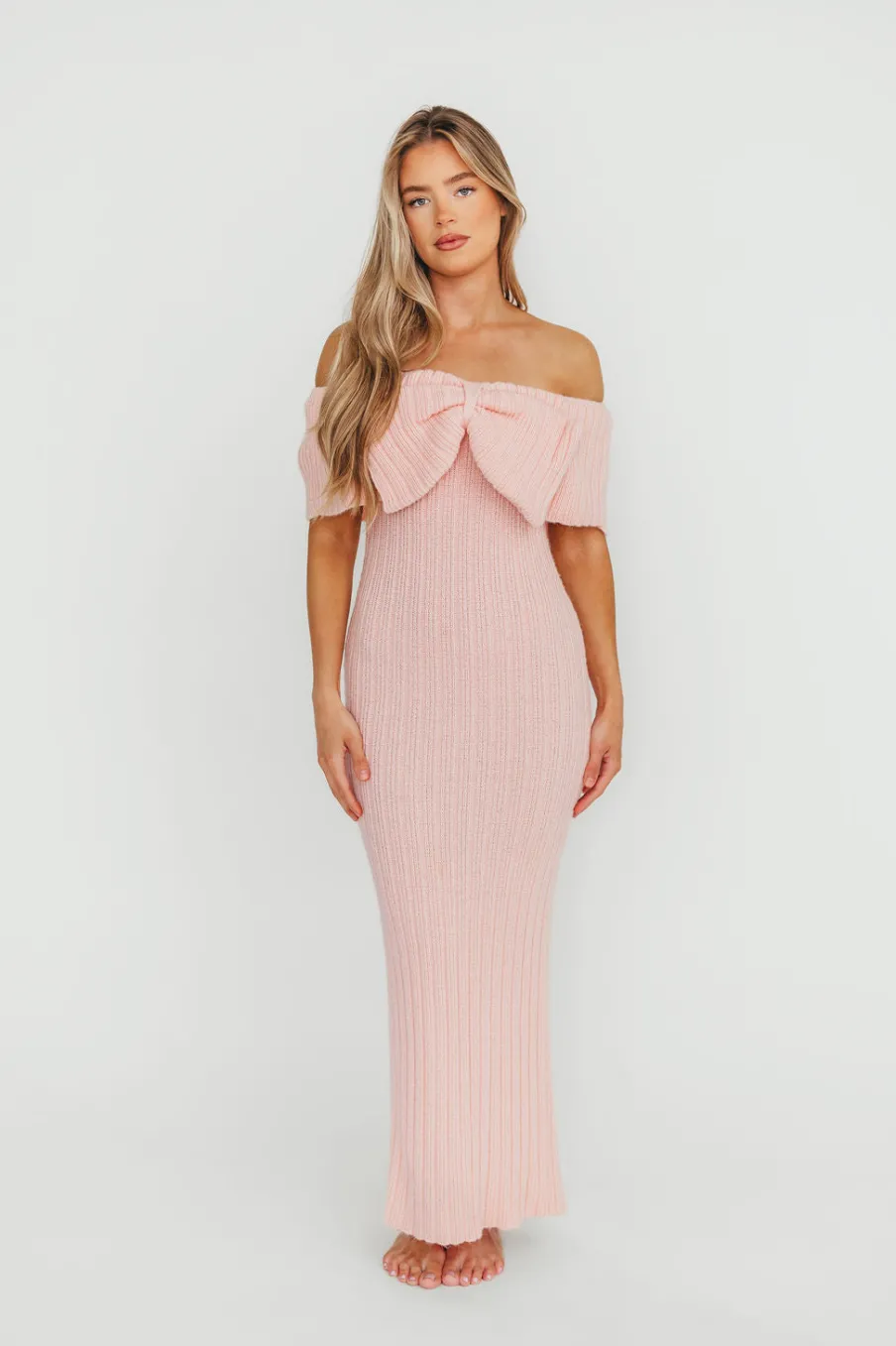 Fashion Worth Collective Aston Bow Front Maxi Sweater Dress in Pinkish Petal– Bump Friendly & I