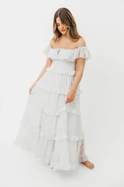 Outlet Worth Collective Astrid Ruffle Detail Maxi Dress in Lavender Floral *FULLY LINED* - Bum