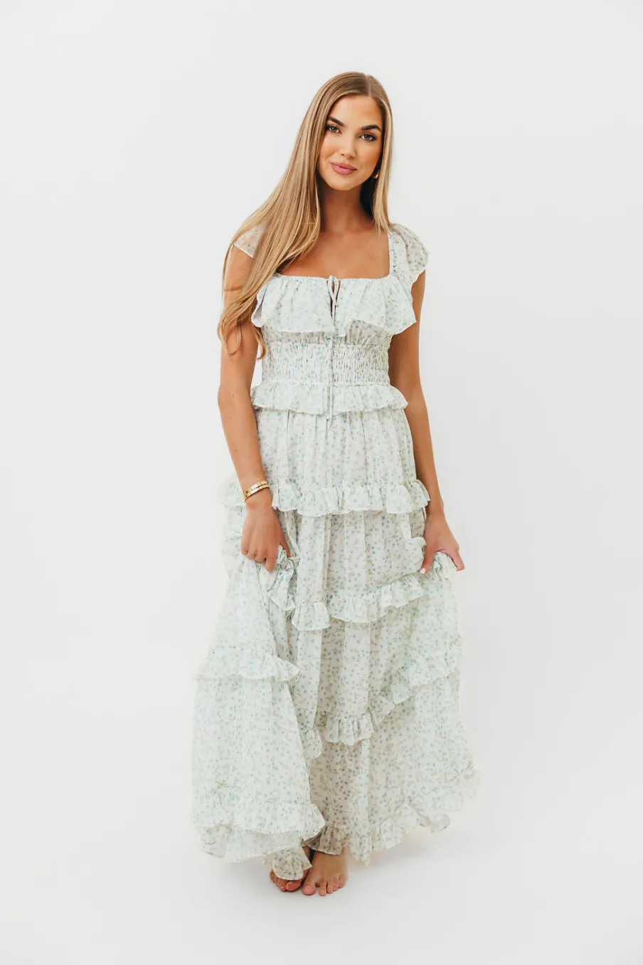 Clearance Worth Collective Astrid Ruffle Detail Maxi Dress in Sage Floral *FULLY LINED* - Bump Fr
