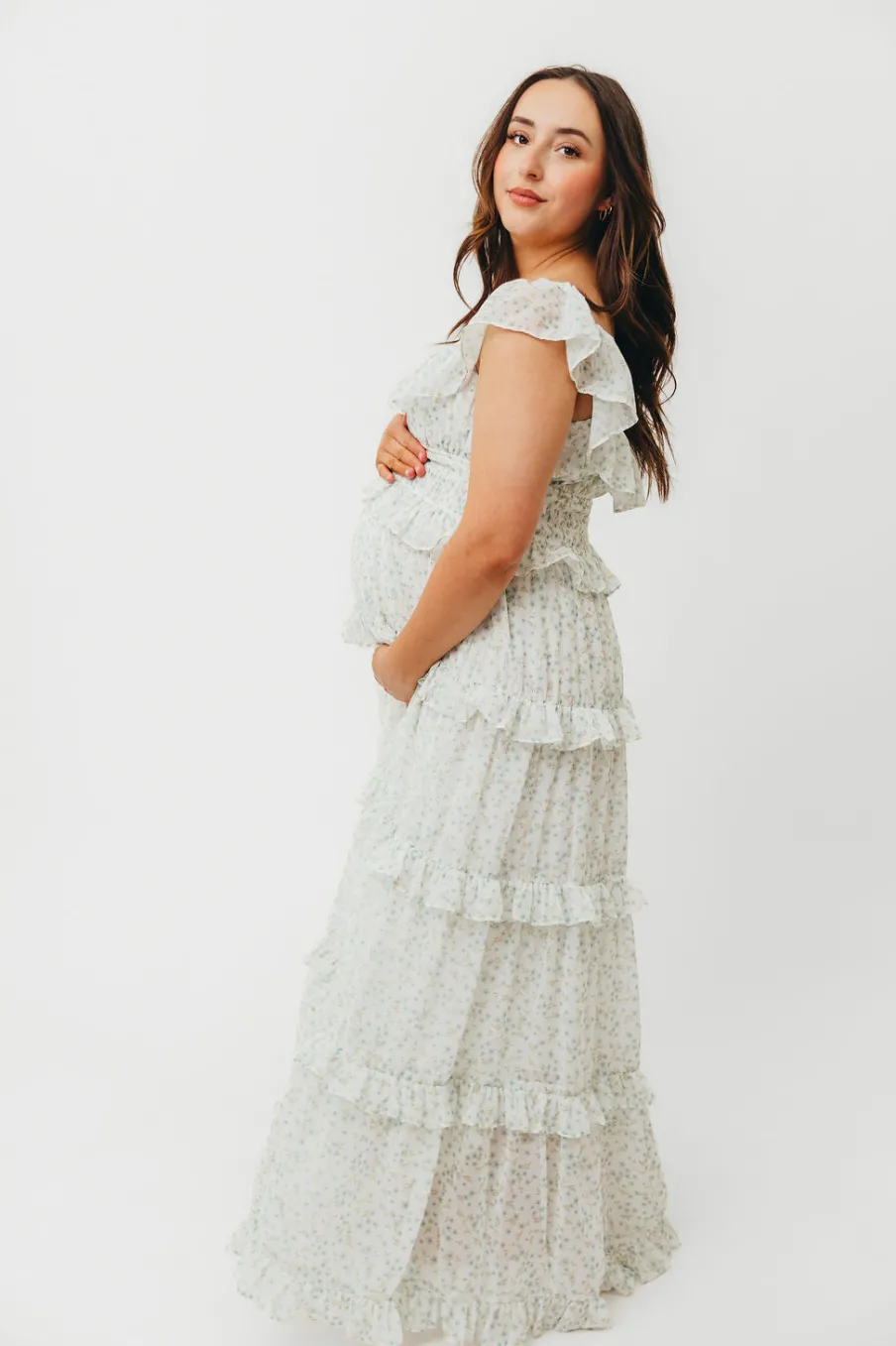 Clearance Worth Collective Astrid Ruffle Detail Maxi Dress in Sage Floral *FULLY LINED* - Bump Fr