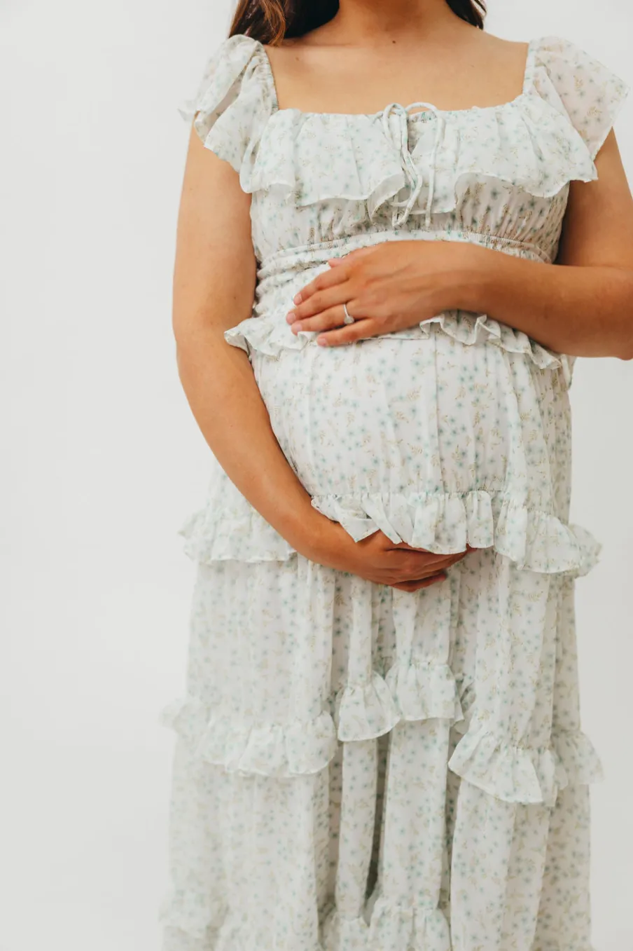 Clearance Worth Collective Astrid Ruffle Detail Maxi Dress in Sage Floral *FULLY LINED* - Bump Fr