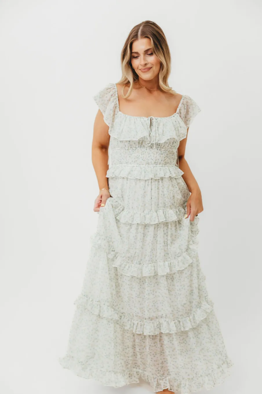 Clearance Worth Collective Astrid Ruffle Detail Maxi Dress in Sage Floral *FULLY LINED* - Bump Fr