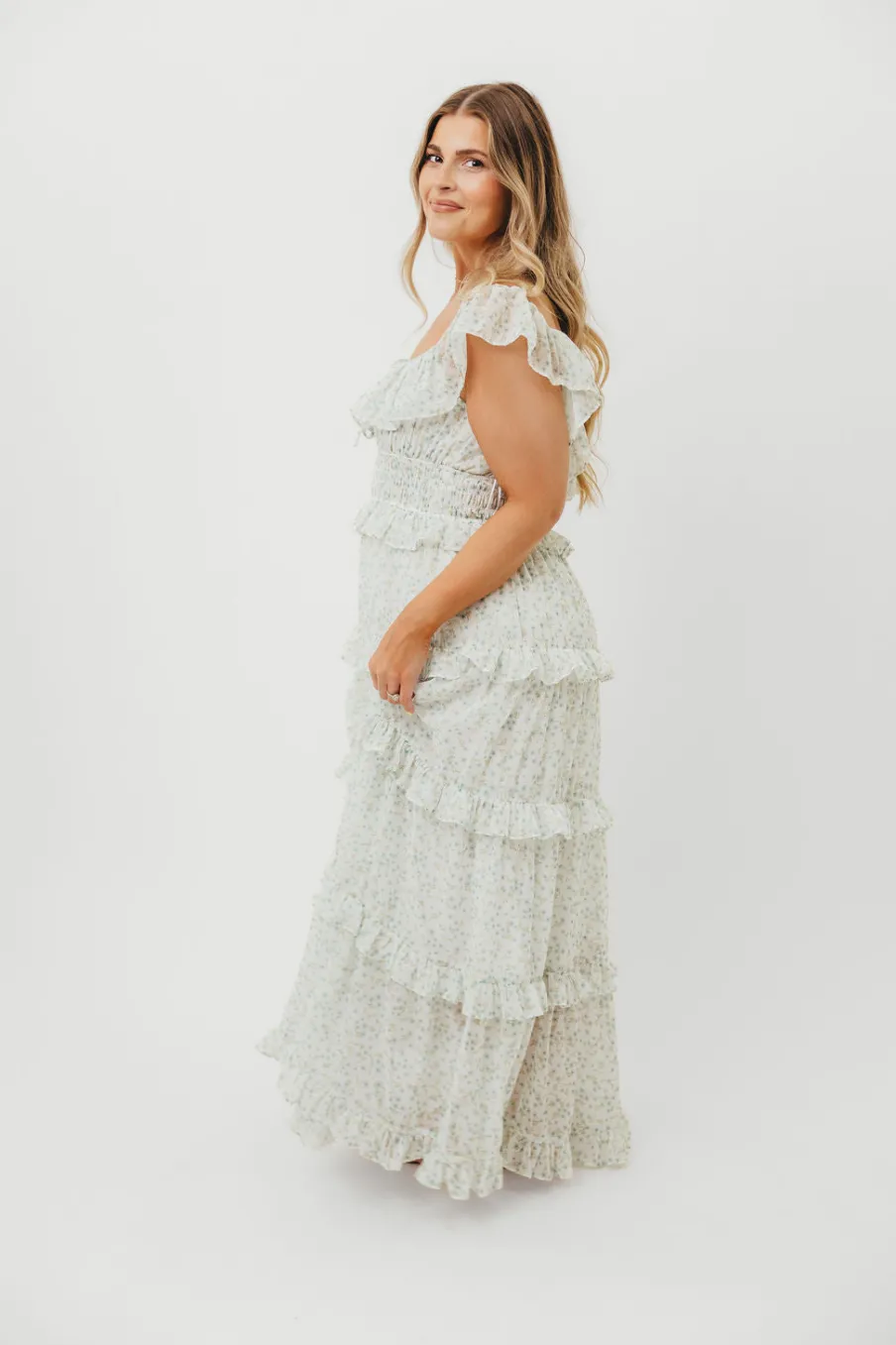 Clearance Worth Collective Astrid Ruffle Detail Maxi Dress in Sage Floral *FULLY LINED* - Bump Fr