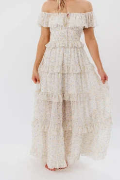 New Worth Collective Astrid Ruffle Detail Maxi Dress in Yellow Floral *FULLY LINED* - Bump