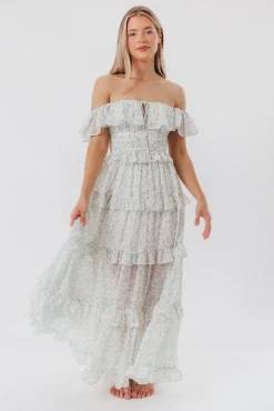 Clearance Worth Collective Astrid Ruffle Detail Maxi Dress in Sage Floral *FULLY LINED* - Bump Fr