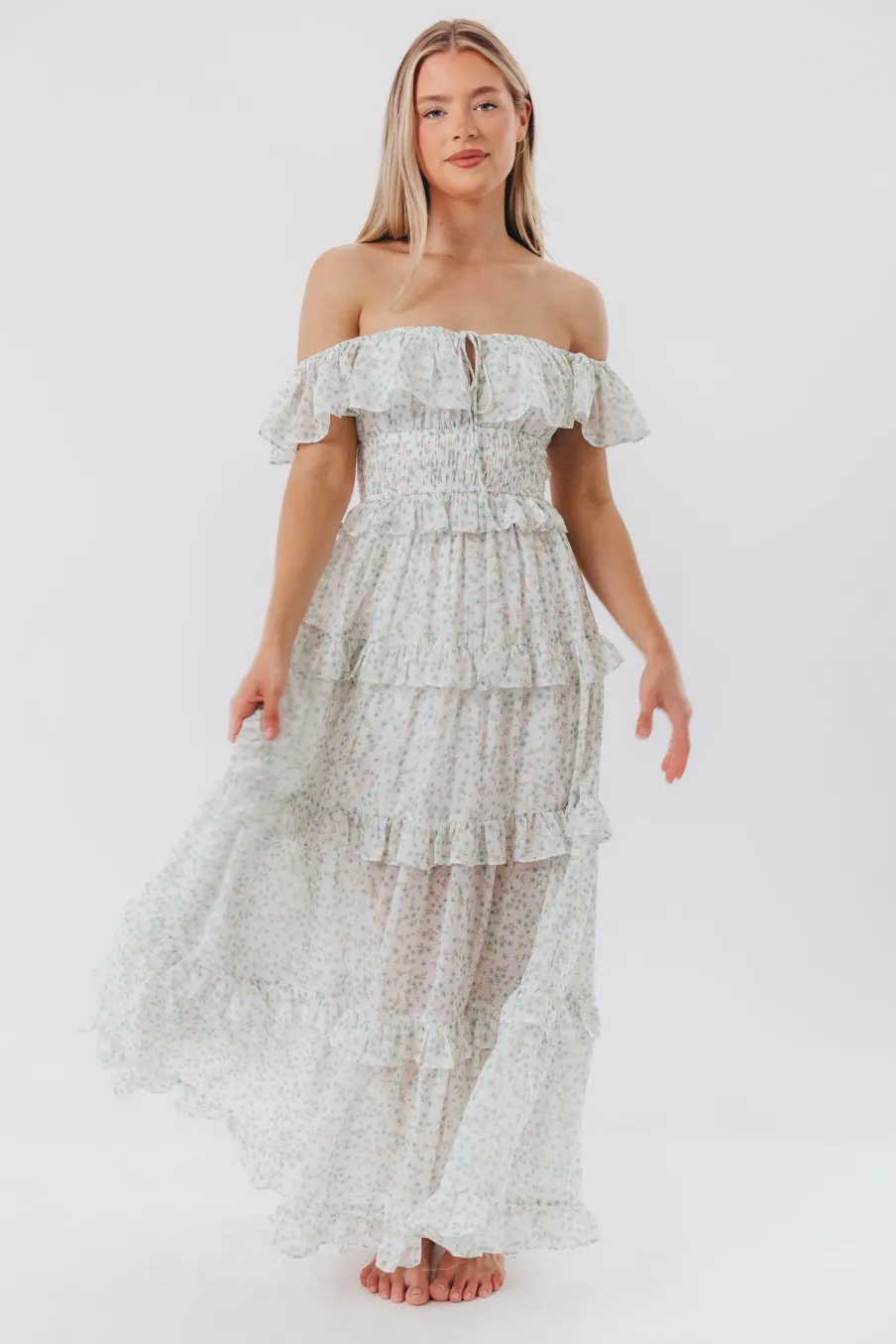 Clearance Worth Collective Astrid Ruffle Detail Maxi Dress in Sage Floral *FULLY LINED* - Bump Fr